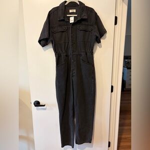 Free People Washed Black Short-Sleeve Utility Jumpsuit